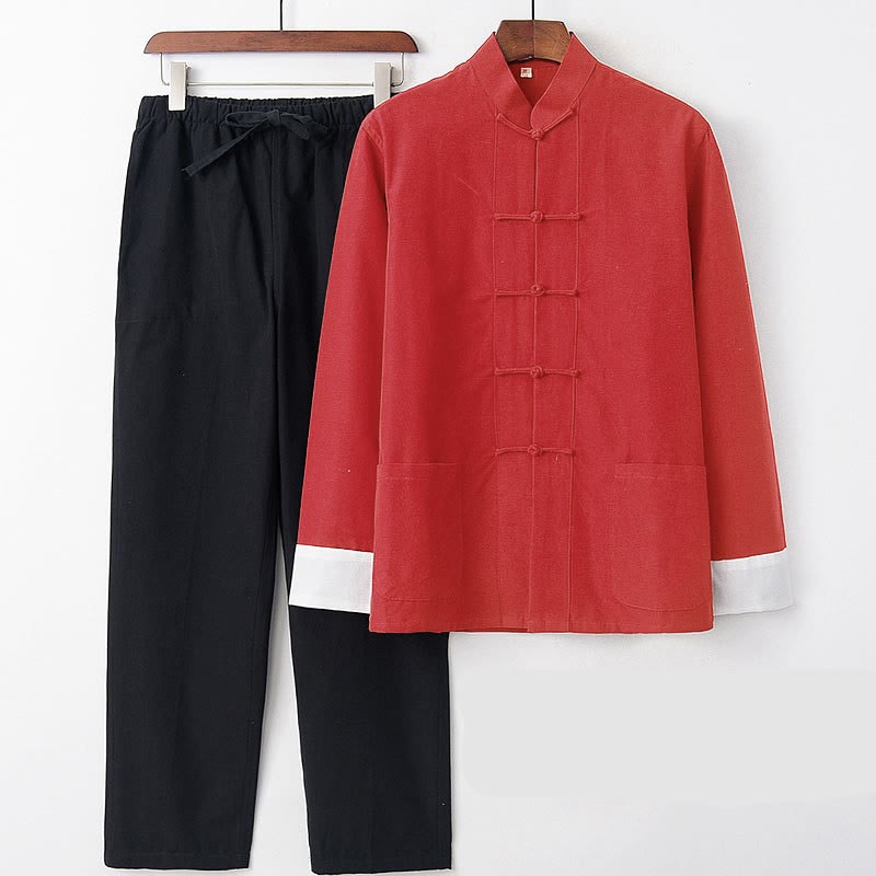 2Pcs Fall Men's Tang Suit Frog-Button Cotton Long Sleeve Shirt Pants Set
