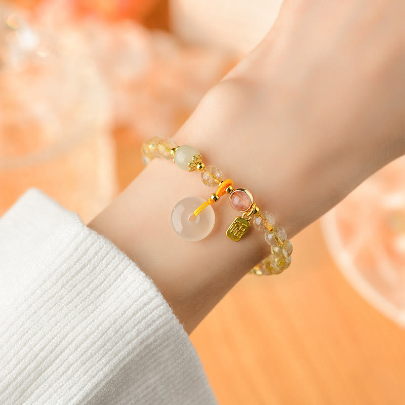 Natural Golden Rutilated Quartz Fu Character Peace Buckle Charm Wealth Bracelet