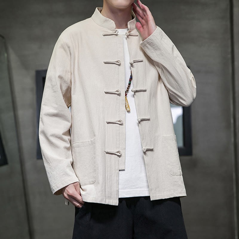 Solid Color Frog-button Tang Suit Cotton Linen Men's Jacket Shirt With Pockets