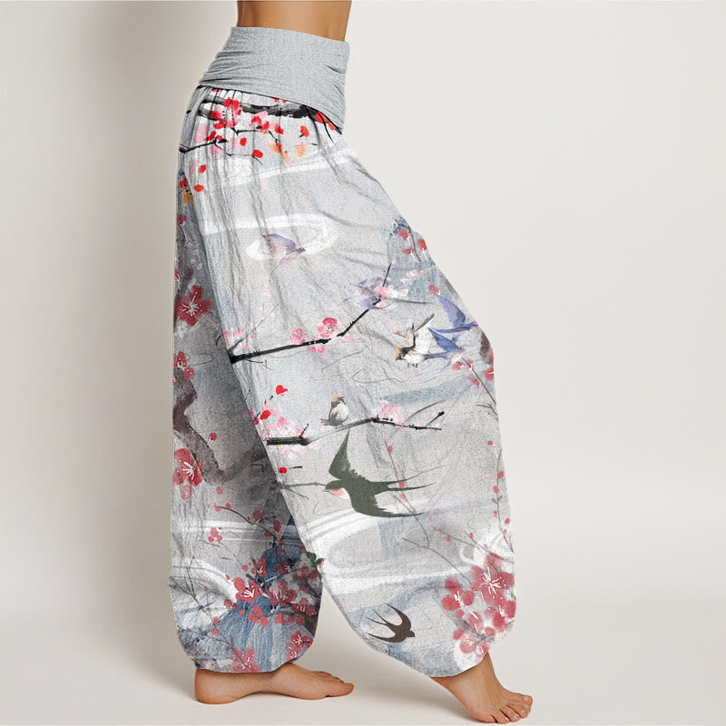 Casual Plum Blossom Bird Mountain Pattern Women's Elastic Waist Harem Pants