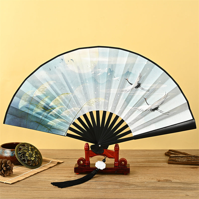 Dragon Phoenix Tiger Crane Eagle Wolf Koi Fish Handheld Folding Fan Lotus Tassel Fan