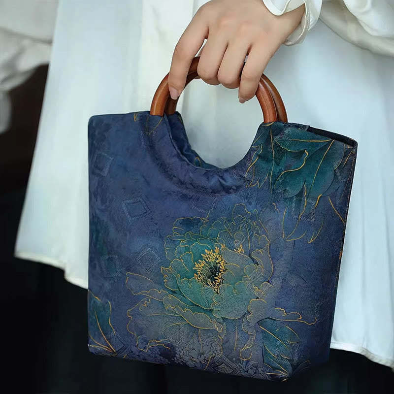 Peony Flower Bamboo Leaves Bird Solid Wood Handle Handbag