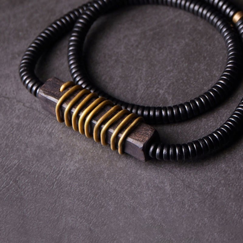Ebony Wood Copper Brass Balance Ball Cuboid Double Wrap Bracelet Necklace