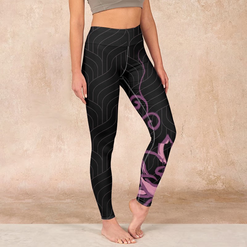 Black Pink Lotus Flower Print Gym Leggings Women's Yoga Pants