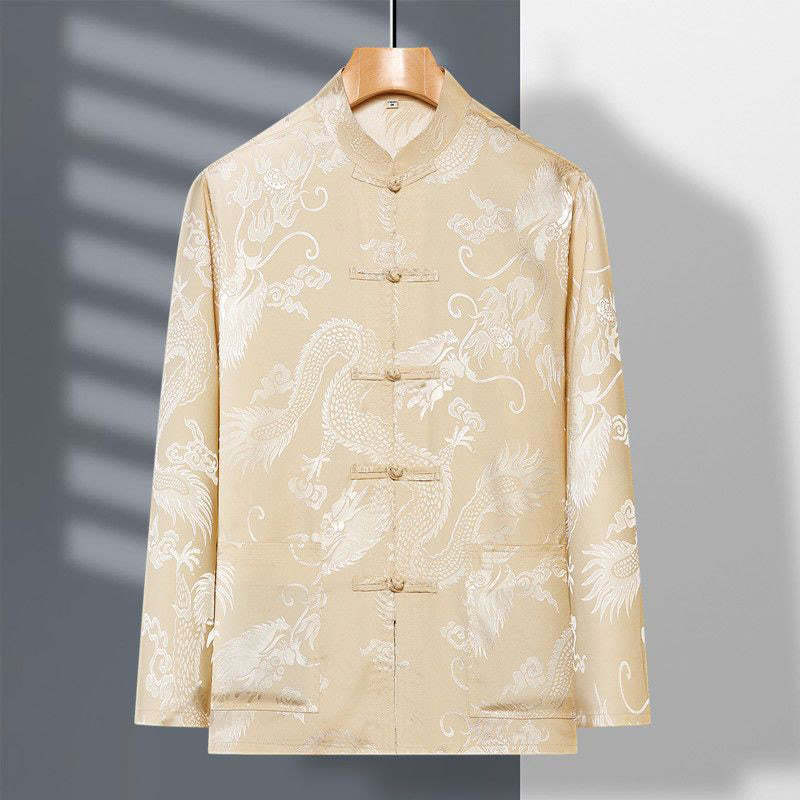 2Pcs Tang Suit Dragon Frog-Button Men's Long Sleeve Shirt Pants Clothing Set