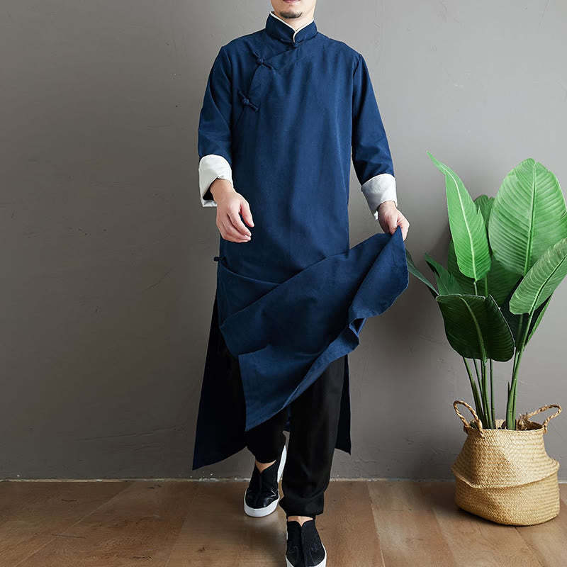 Fall Solid Color Chinese Frog-Button Cotton Men's Tang Suit Robe