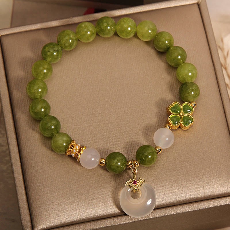 Green Tourmaline Chalcedony Four Leaf Clover Peace Buckle Charm Wisdom Bracelet