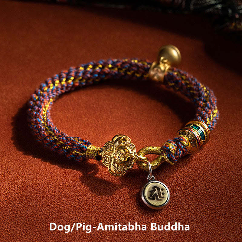 925 Sterling Silver Chinese Zodiac Natal mystic zen Om Mani Padme Hum Luck Bell Braided String Bracelet