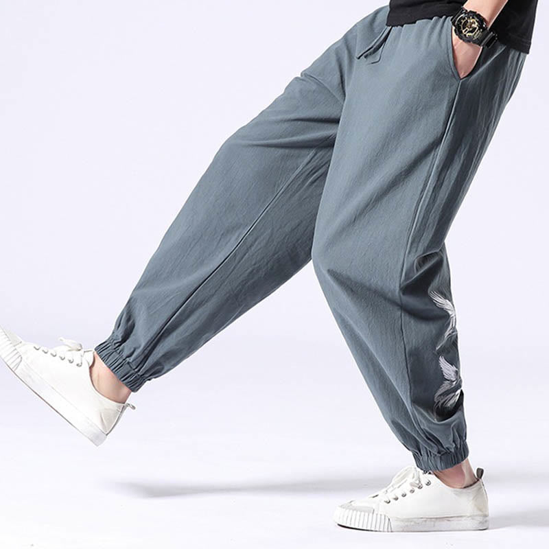 White Crane Embroidery Design Drawstring Men's Harem Pants With Pockets