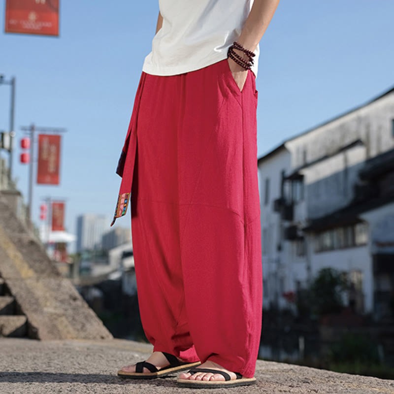 Simple Patchwork Design Drawstring Cotton Men's Wide Leg Pants With Pockets