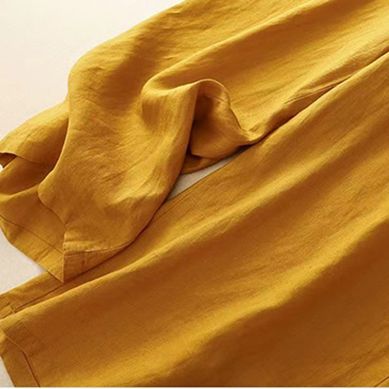 Casual Solid Color One Button Cotton Linen Women's Wide Leg Pants With Pockets