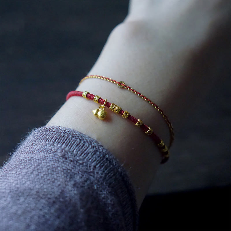 999 Gold Small Gourd Charm Handmade Luck Strength?Rope Bracelet