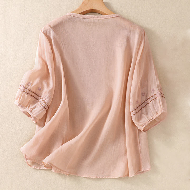 Women's Crew Neck Hollow Design Half Sleeve Cotton Linen Shirt