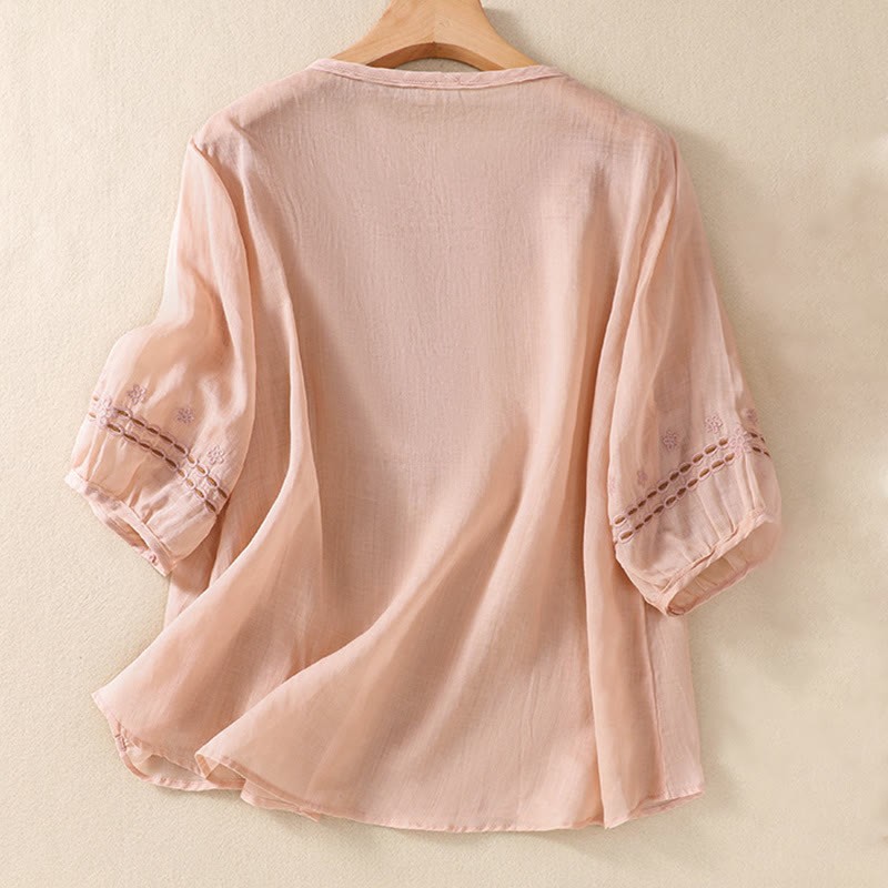 Women's Crew Neck Hollow Design Half Sleeve Cotton Linen Shirt