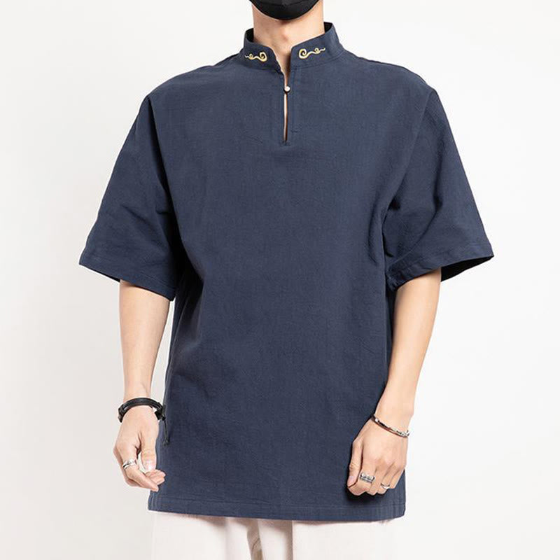 Chinese Tang Suit Embroidery Half Sleeve Shirt Linen Men Clothing