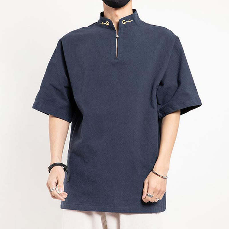 Chinese Tang Suit Embroidery Half Sleeve Shirt Linen Men Clothing