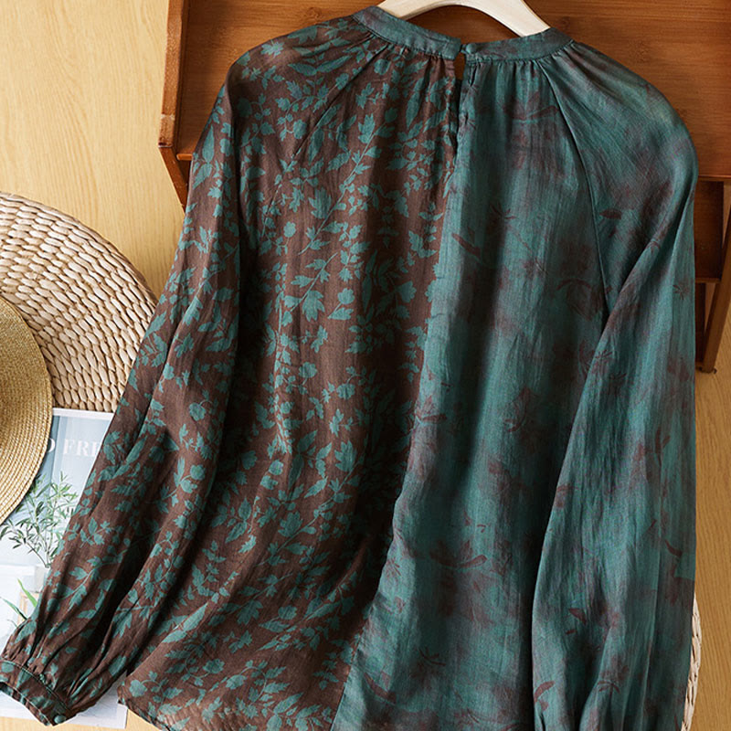Casual Printed Color Matching Long Sleeve Round Neck Cotton Linen Women's Shirts