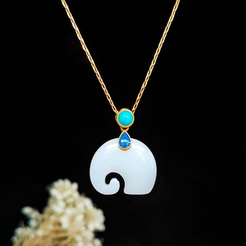 White Jade Elephant Luck Fortune Necklace Pendant