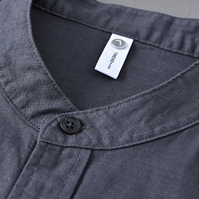 Men's Long Sleeve Stand Collar With Pocket Pure Color Casual Cotton Linen Shirt