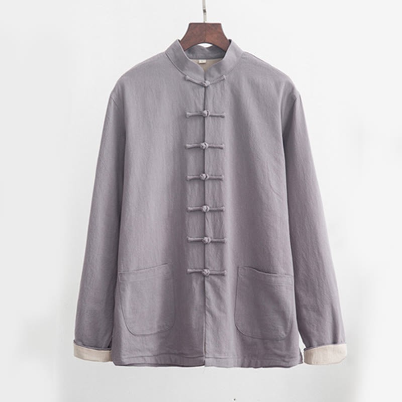 2Pcs Zen Tang Suit Men's Linen Frog-Button Long Sleeve Shirt Pants Set