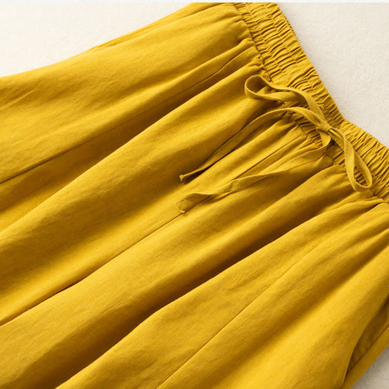 Plain Color Cropped Pants Cotton Linen Women's Wide Leg Pants With Pockets
