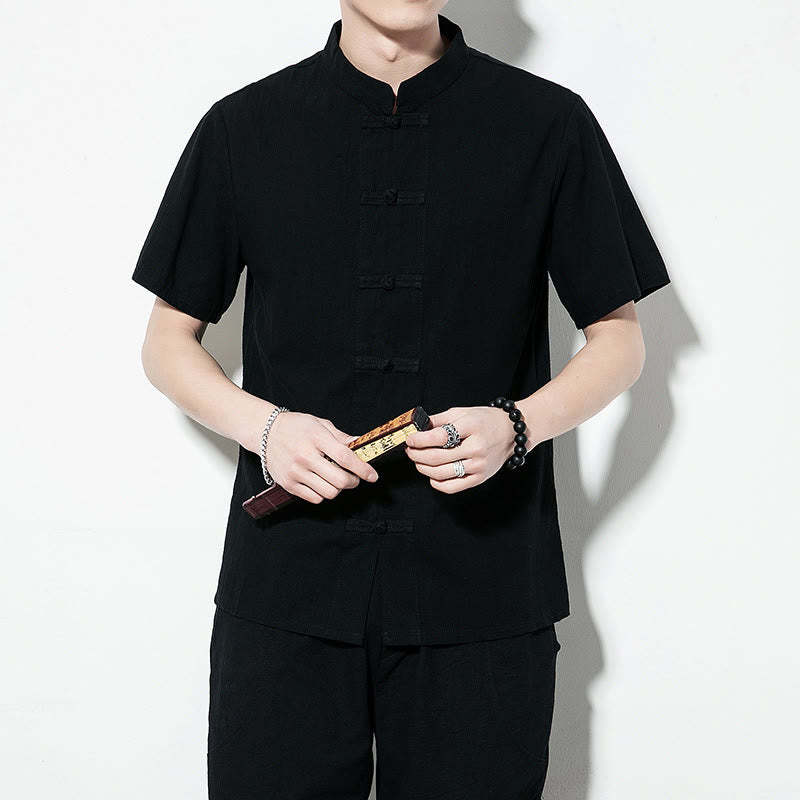 Casual Solid Color Front Frog Buttons Chinese Tang Suit Short Sleeve Linen Men's Shirt