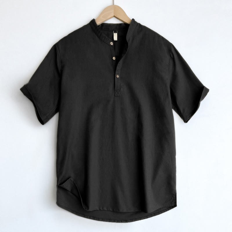 Solid Color Men Short Sleeve Button Linen Shirt