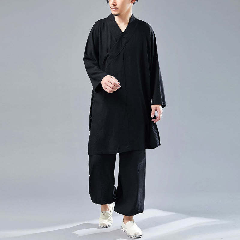 2Pcs V-Neck Men's Long Sleeve Shirt Top Pants Meditation Zen Tai Chi Cotton Linen Clothing Set