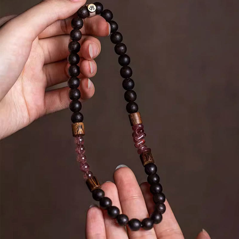 925 Sterling Silver Chinese Zodiac Natal mystic zen Agarwood Strawberry Quartz Peace Double Wrap Bracelet