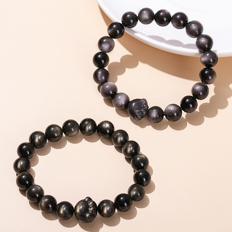 Natural Gold Sheen Obsidian Silver Sheen Obsidian Cute Cat Paw Claw Wealth Bracelet