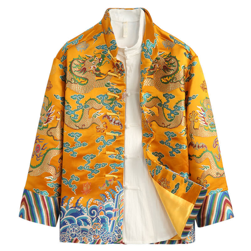 Chinese New Year Dragon Embroidery Auspicious Clouds Frog-button Tang Suit Men's Jacket Shirt
