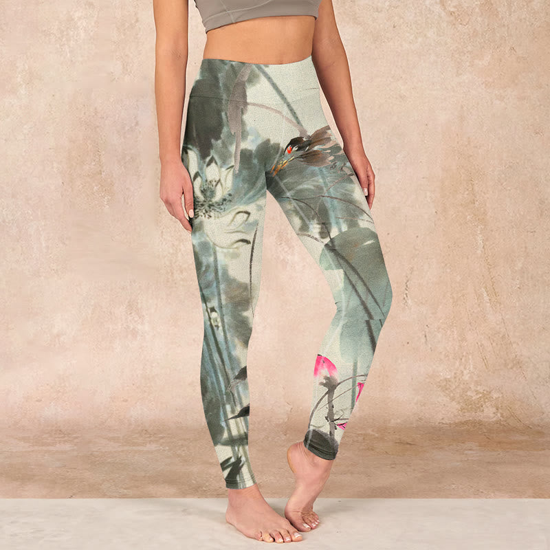 Lotus Bamboo Leaves Print Gym Leggings Women's Yoga Pants