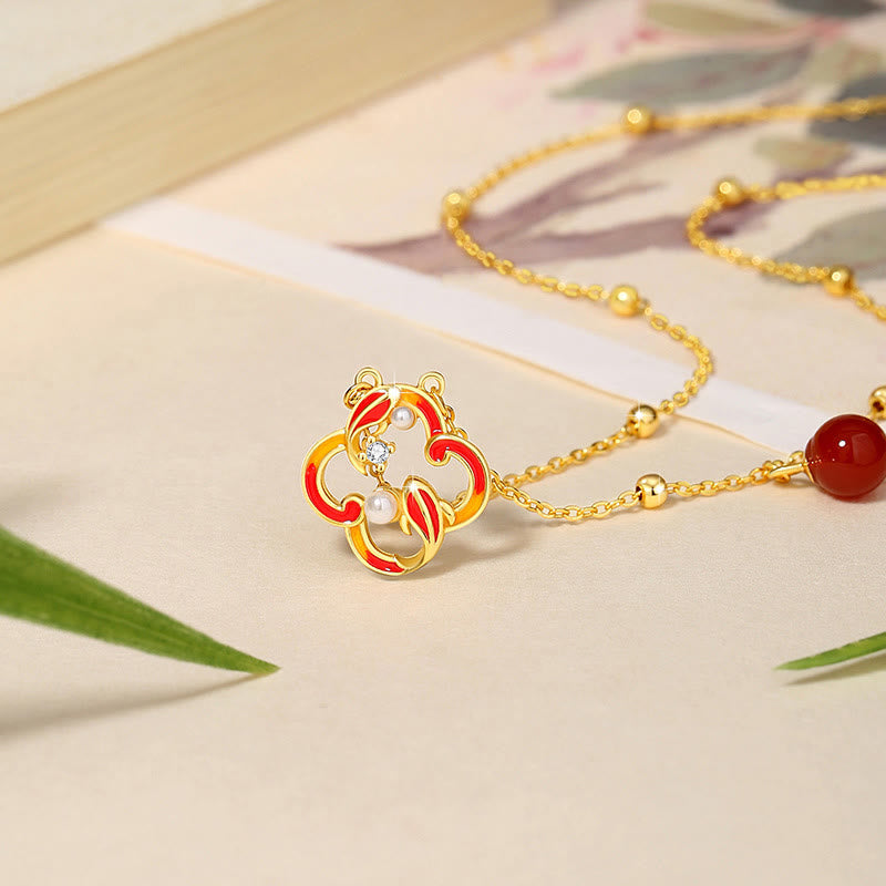 925 Sterling Silver Four Leaf Clover Koi Fish Red Agate Pearl Wealth Bracelet Necklace Pendant Earrings Set