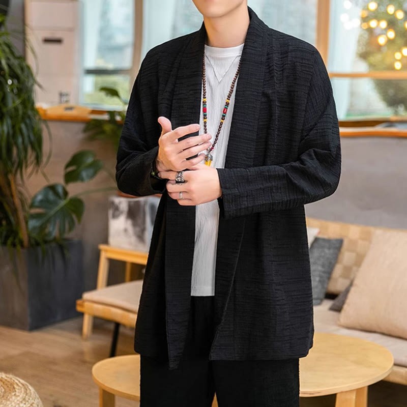 Fall Simple Loose Plain Linen Blend Men's Mid-length Coat Clothing