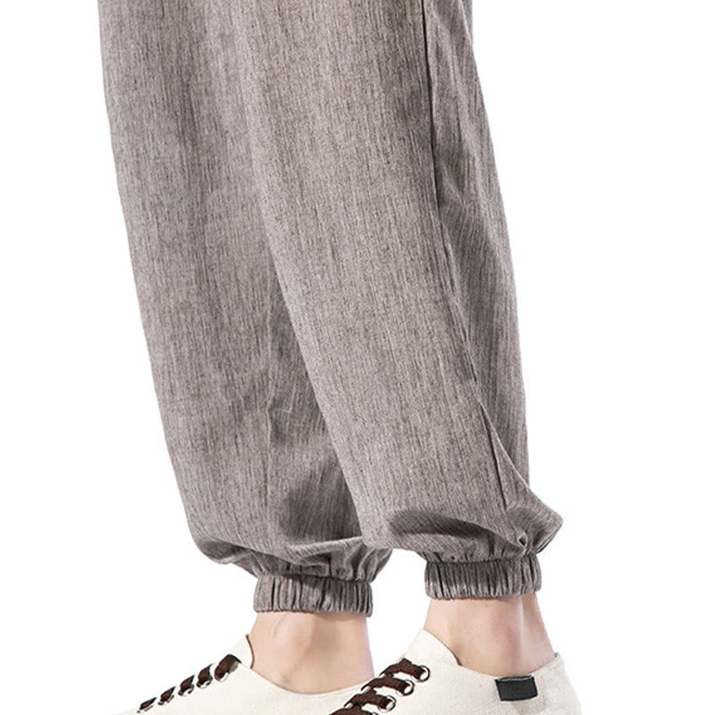 Casual Solid Color Drawstring Linen Men's Pants With Pockets