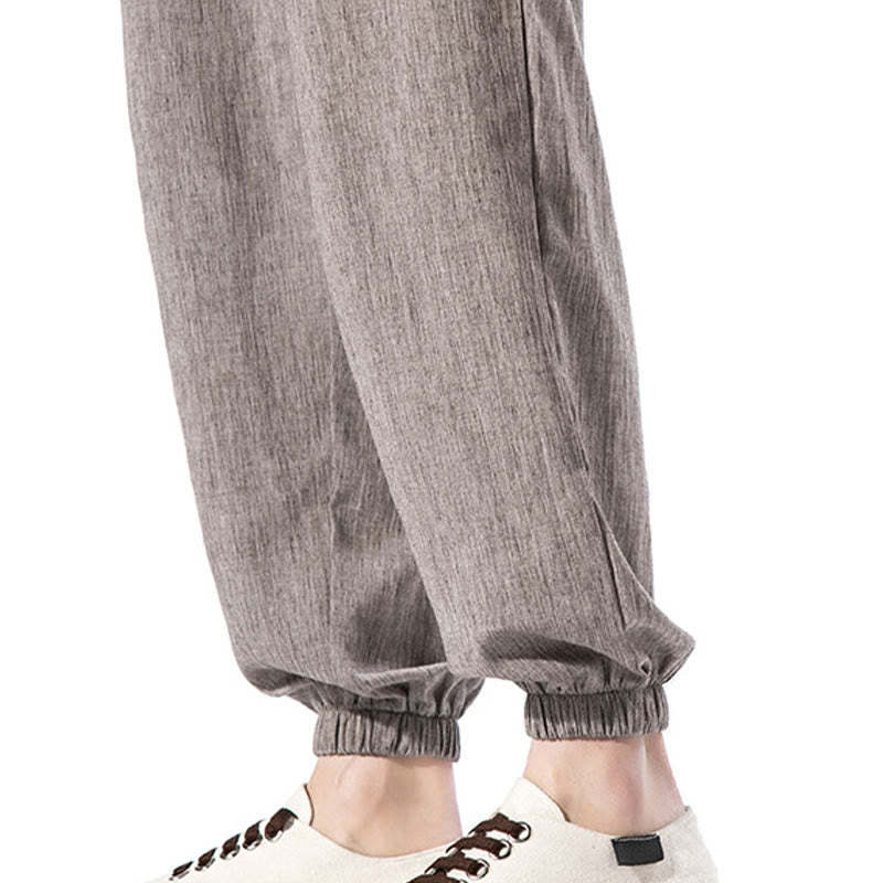Casual Solid Color Drawstring Linen Men's Pants With Pockets
