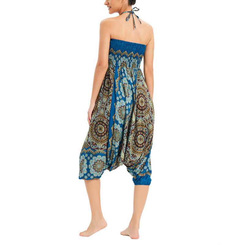 Two Style Wear Mandala Flower Pattern Loose Smocked Harem Trousers Jumpsuit High Waist Pants