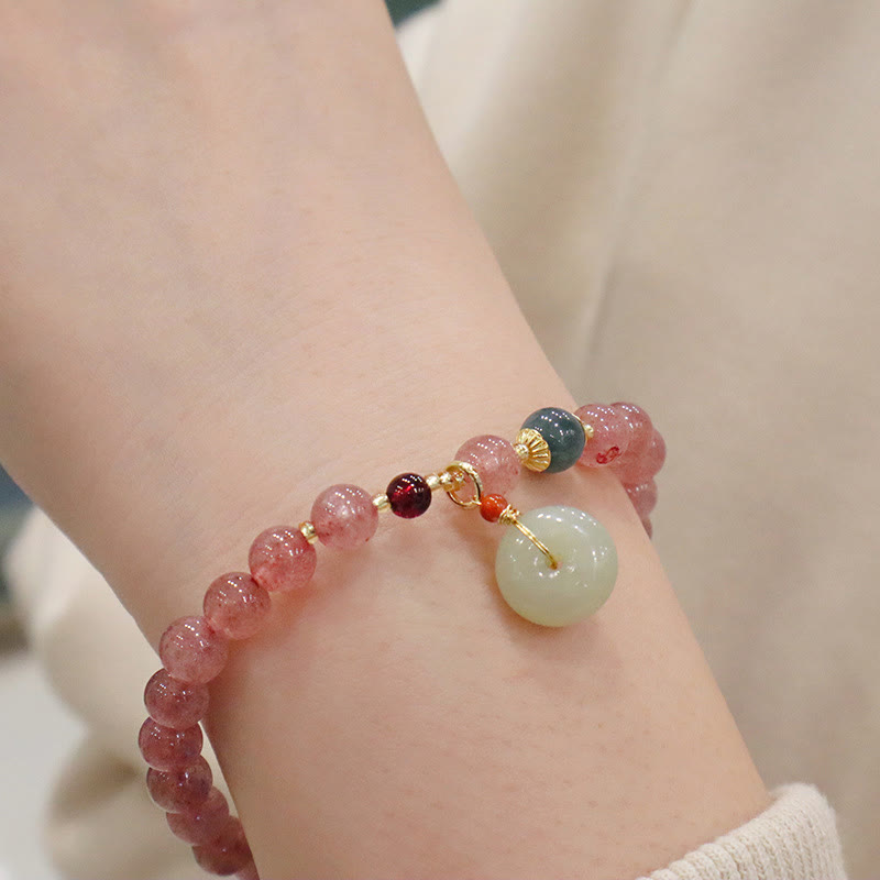 Natural Strawberry Quartz Jade Peace Buckle Coin Purse Healing Bracelet