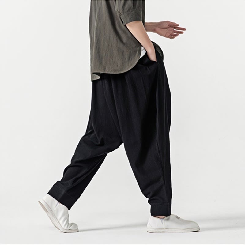 Solid Color Drawstring Men's Harem Pants With PocketsAnkle-Length (9 Length)
