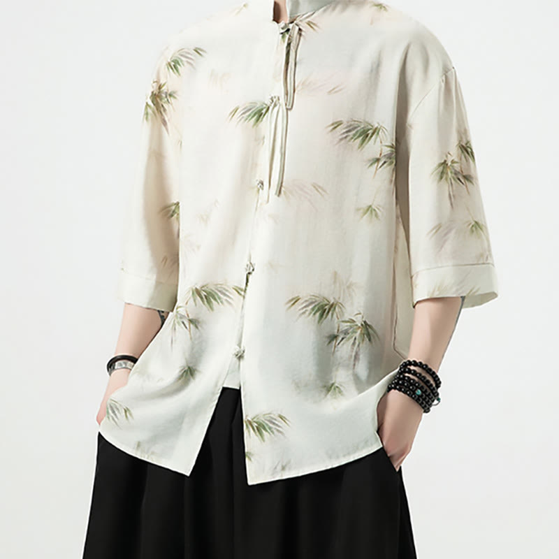 Green Yellow Bamboo Leaves Print Half Sleeve Shirt Men's T-shirt