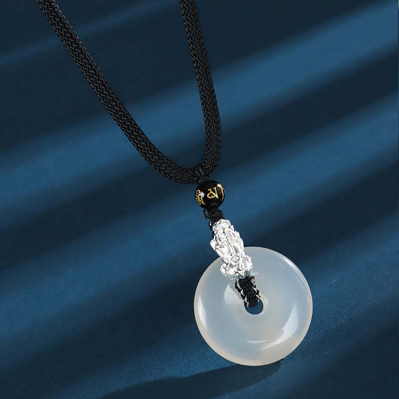 White Agate 999 Sterling Silver Black Onyx Green Sandalwood Pi Xiu Peace Buckle Six True Words Necklace Pendant