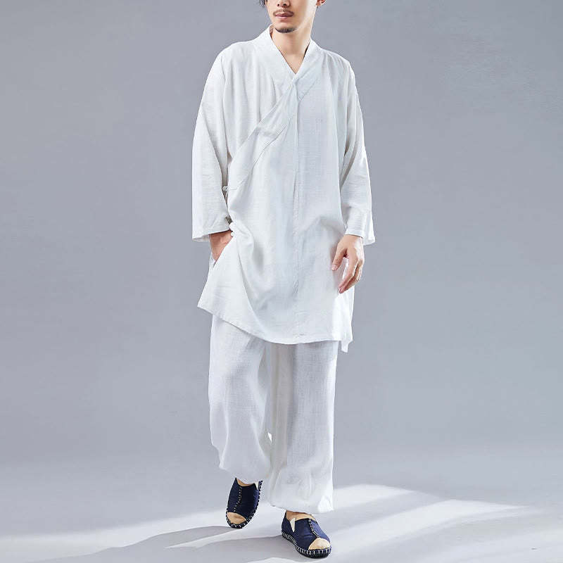 2Pcs V-Neck Men's Long Sleeve Shirt Top Pants Meditation Zen Tai Chi Cotton Linen Clothing Set