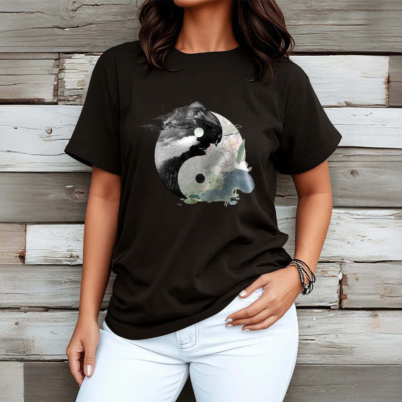 Yin Yang Lotus Leaf Ink Painting Cotton Tee T-shirt