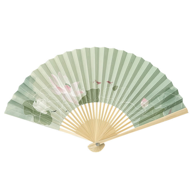 Lotus Flowers Leaf Koi Fish Handheld Paper Bamboo Folding Fan