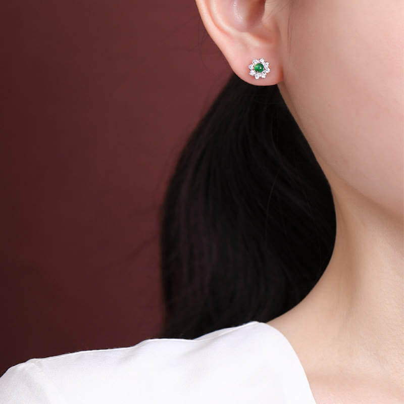 925 Sterling Silver Round Jade Flower Prosperity Earrings