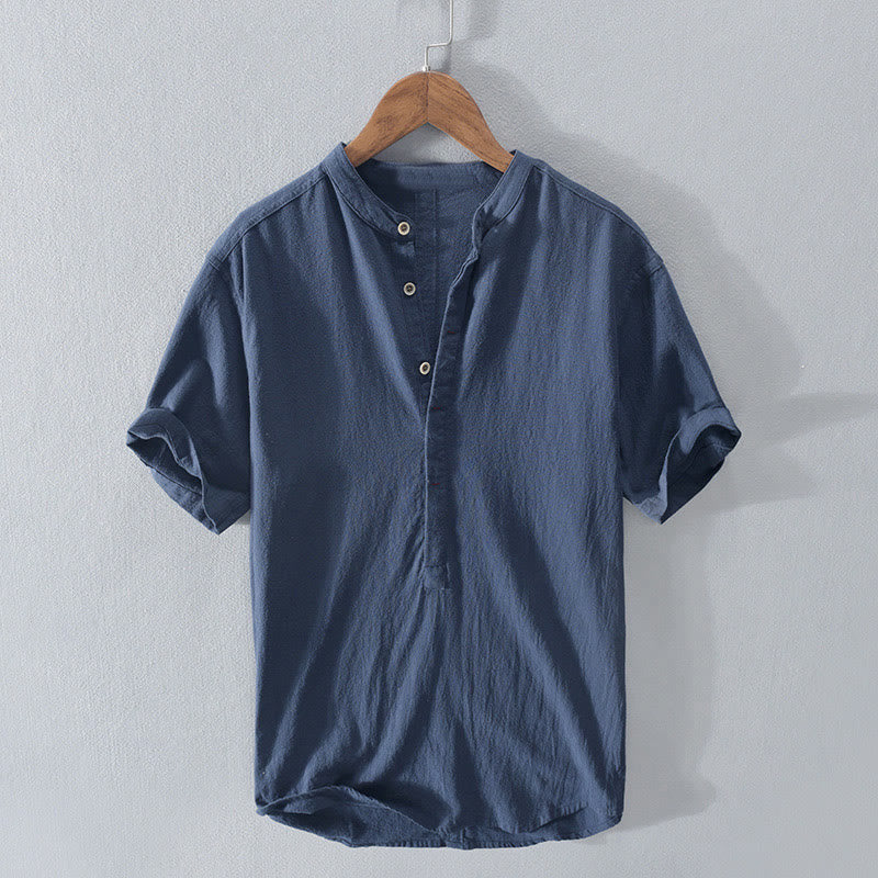 Solid Color Short Sleeve Half Button Shirt Cotton Linen Men Clothing