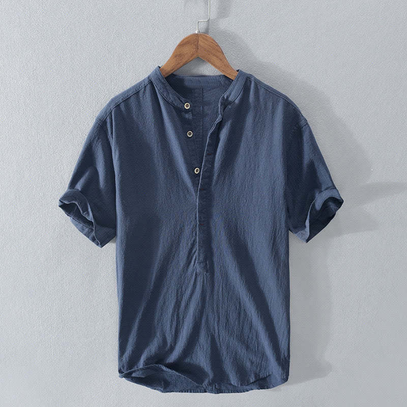 Solid Color Short Sleeve Half Button Shirt Cotton Linen Men Clothing
