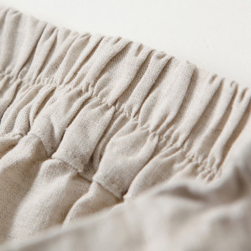Plain Color Cotton Linen High Waist Wide Leg Pants With Pockets