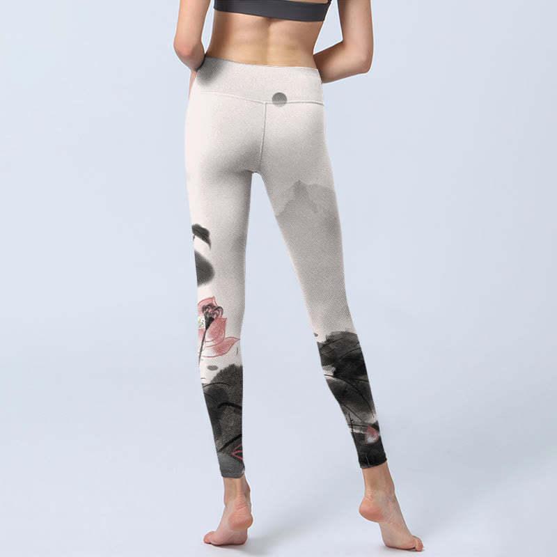 Ink Painting Lotus Flower Leaf Print Gym Fitness Leggings Women's Yoga Pants