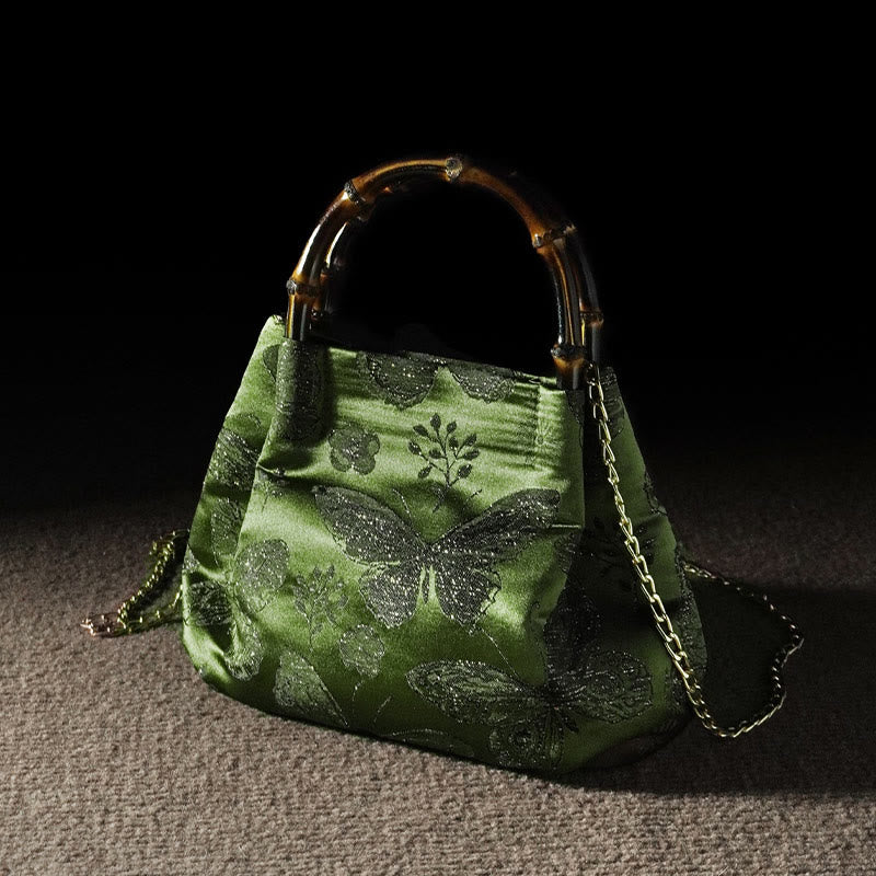 Jacquard Flowers Butterfly Bamboo Handle Metal Chain Crossbody Bag Hangbags